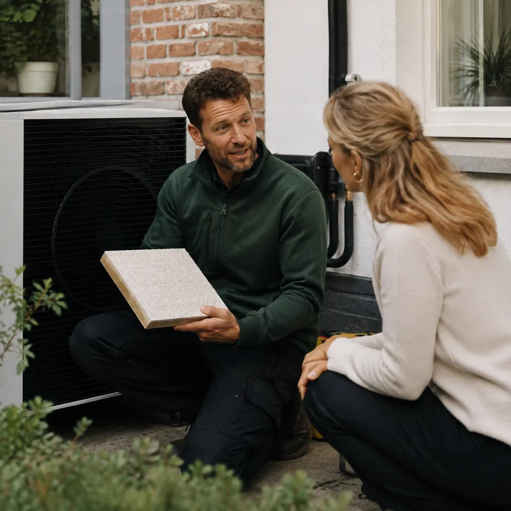 Adviseur naast een buitenunit bij een Nederlandse woning