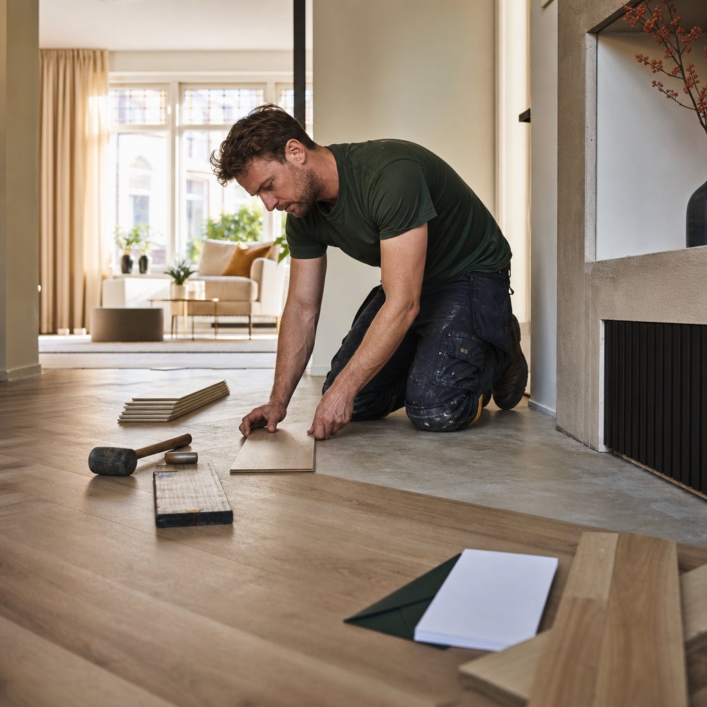 Vakman die een houten vloer in een woning legt