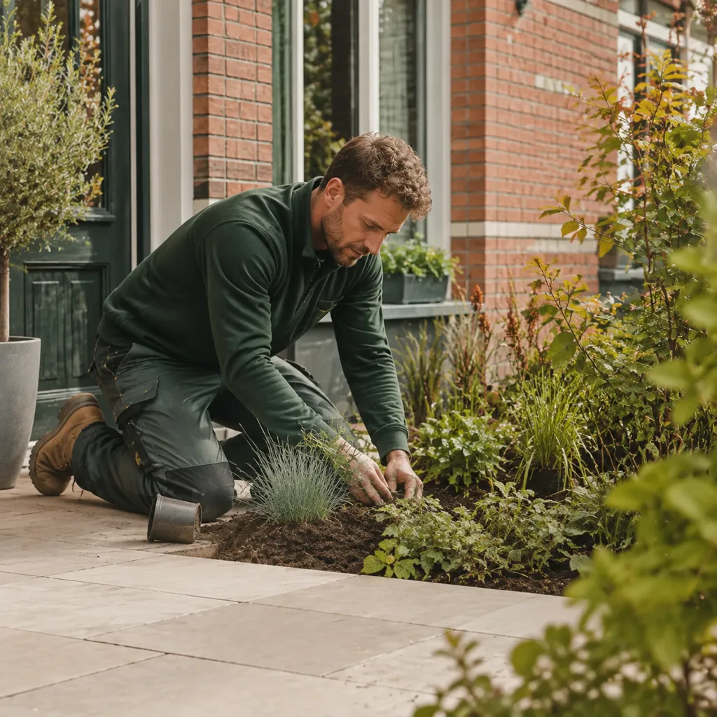Hovenier werkt aan een plantenborder bij een bakstenen woning