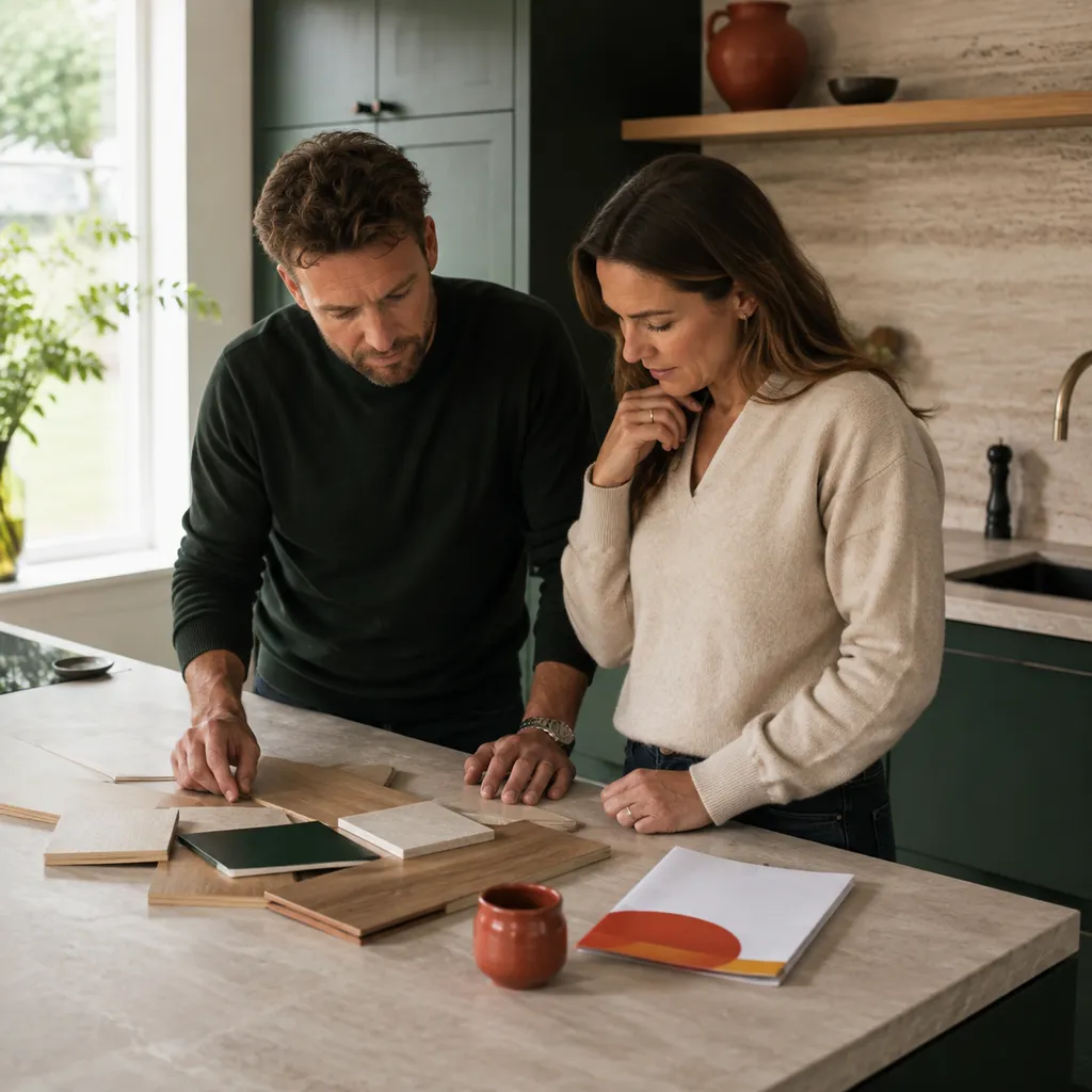 Keukenadviseur en bezoeker bekijken materiaalstalen in een keuken