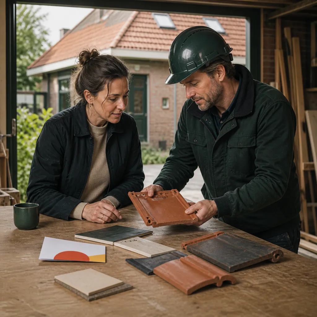 Dakprofessionals bespreken dakpannen veilig aan een werktafel